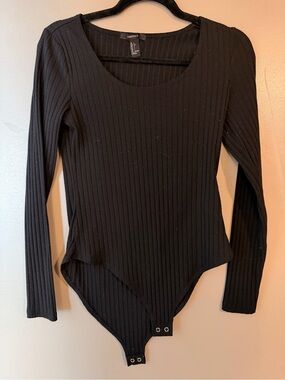 Forever 21 Black Ribbed Scoop-Neck Long Sleeve Bodysuit